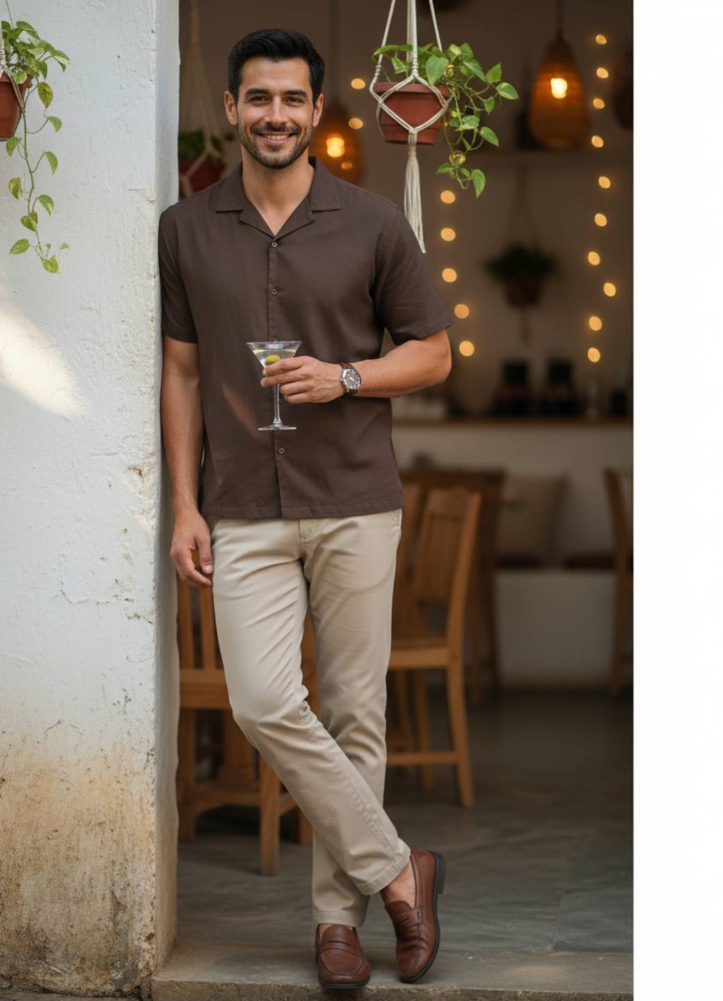 Coffee Brown Solid Casual Shirt With Cuban Collar Men’s Shirt