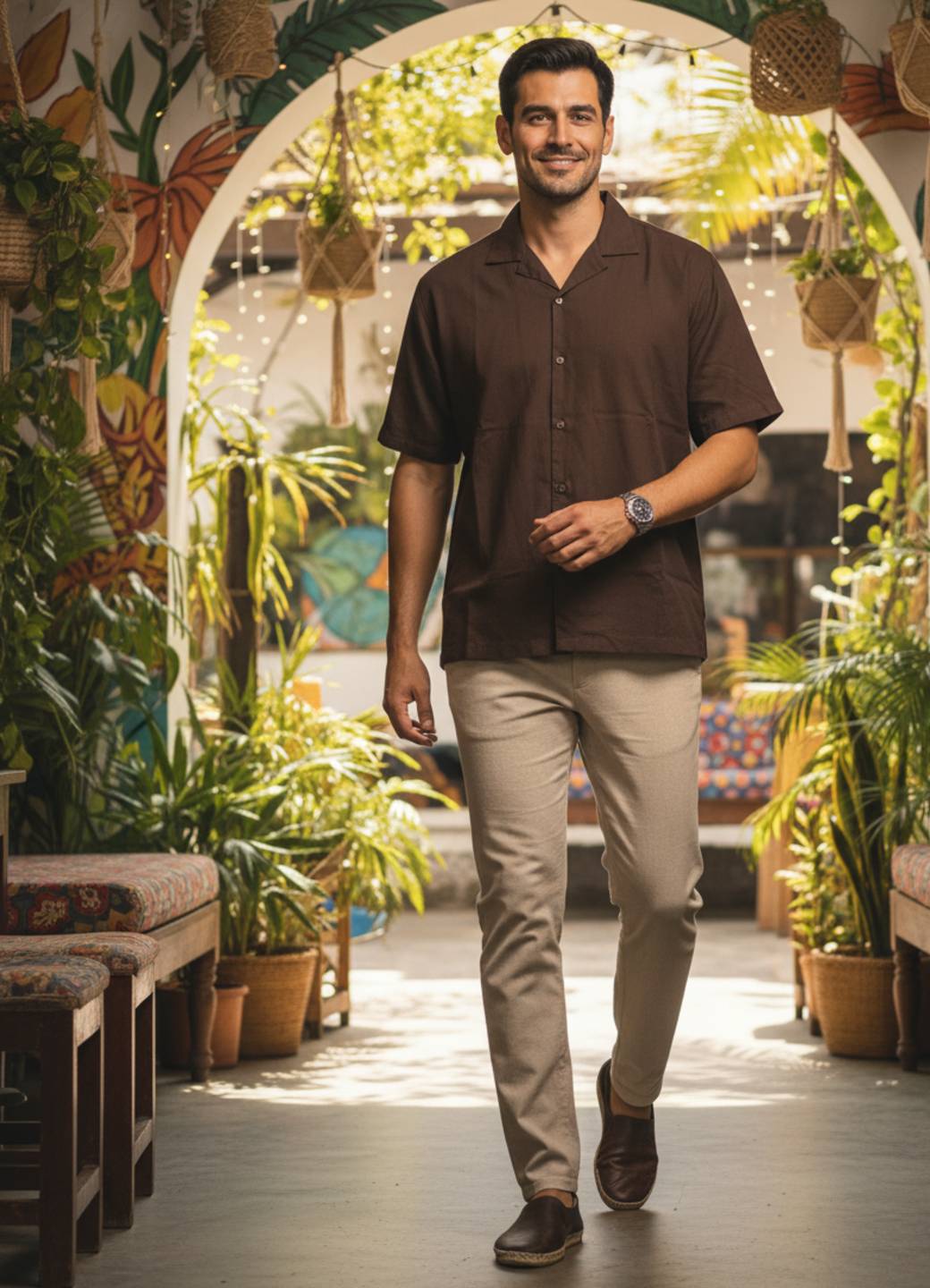 Coffee Brown Solid Casual Shirt With Cuban Collar Men’s Shirt