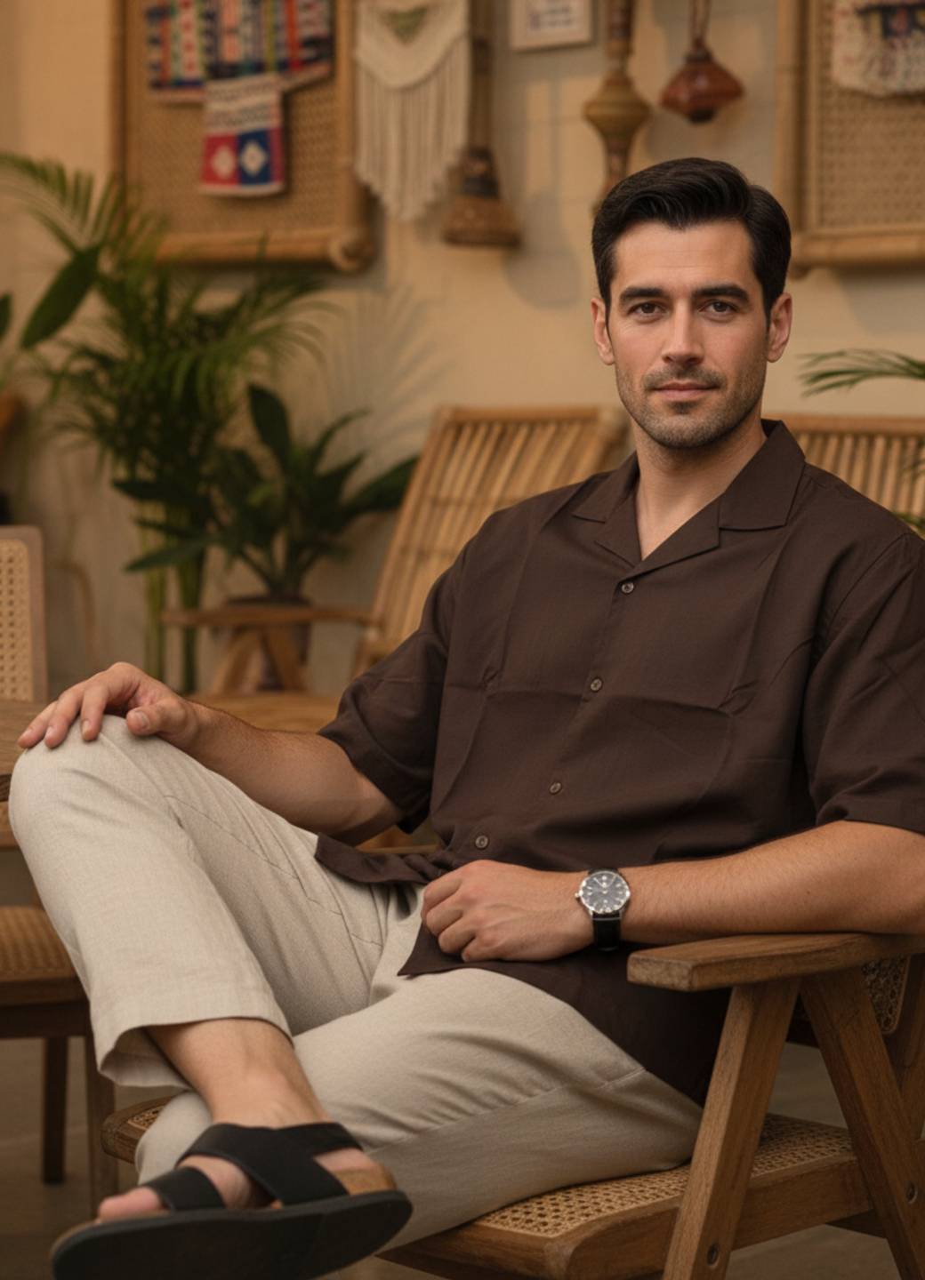 Coffee Brown Solid Casual Shirt With Cuban Collar Men’s Shirt