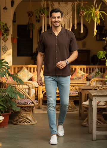 Coffee Brown Solid Casual Shirt With Cuban Collar Men’s Shirt