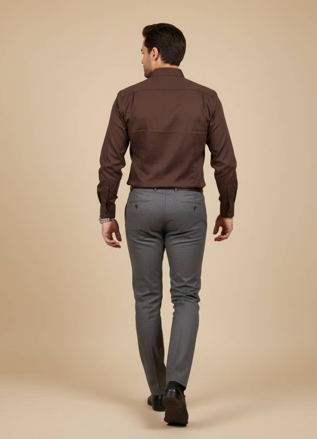 Coffee Brown Band Collar Solid Print Men’s Shirt