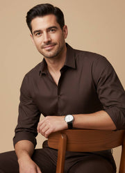 Coffee Brown Solid Band Collar Men's Shirt