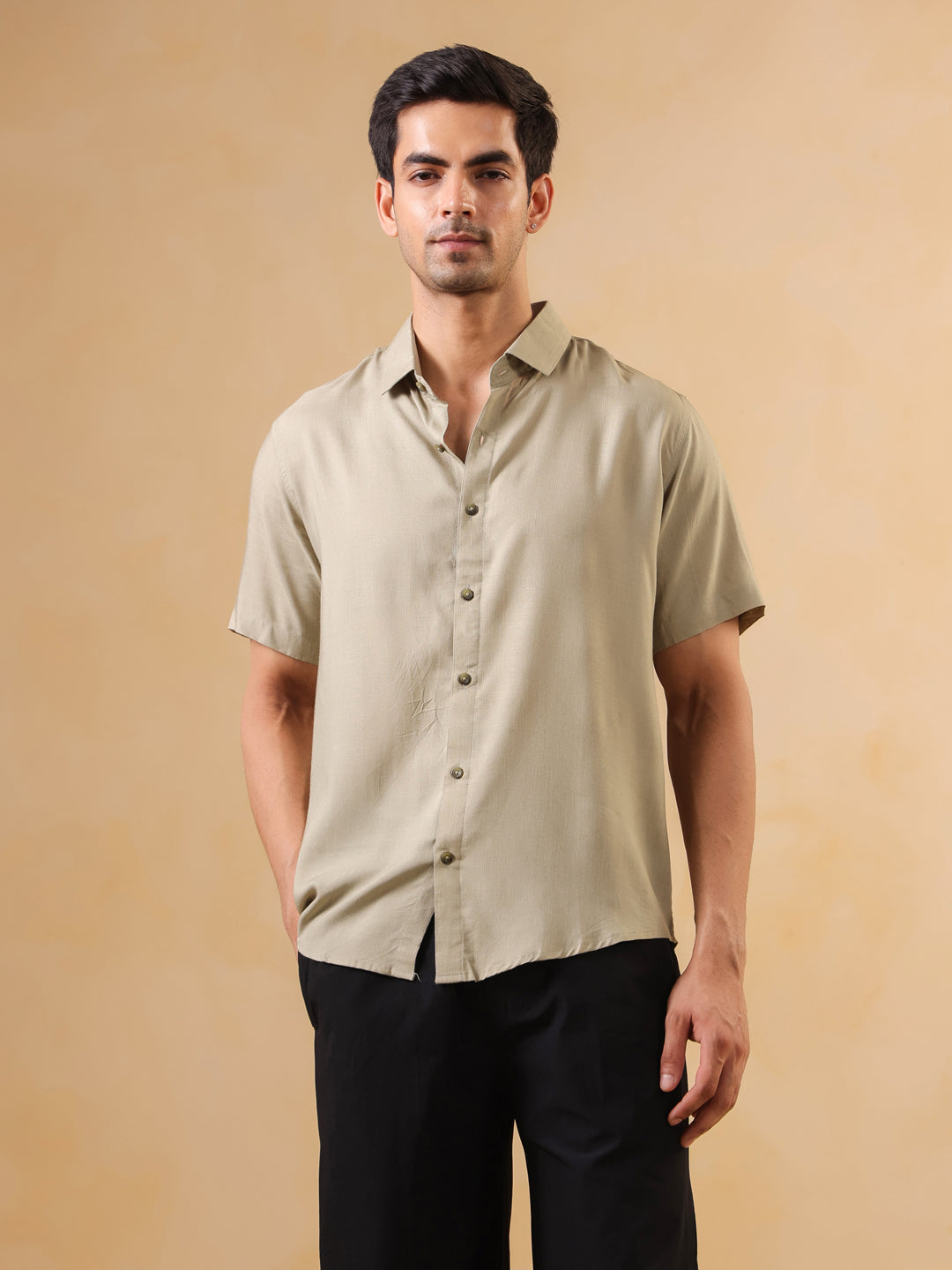 Beige Solid Print Band Collar Regular Fit Men's Shirt