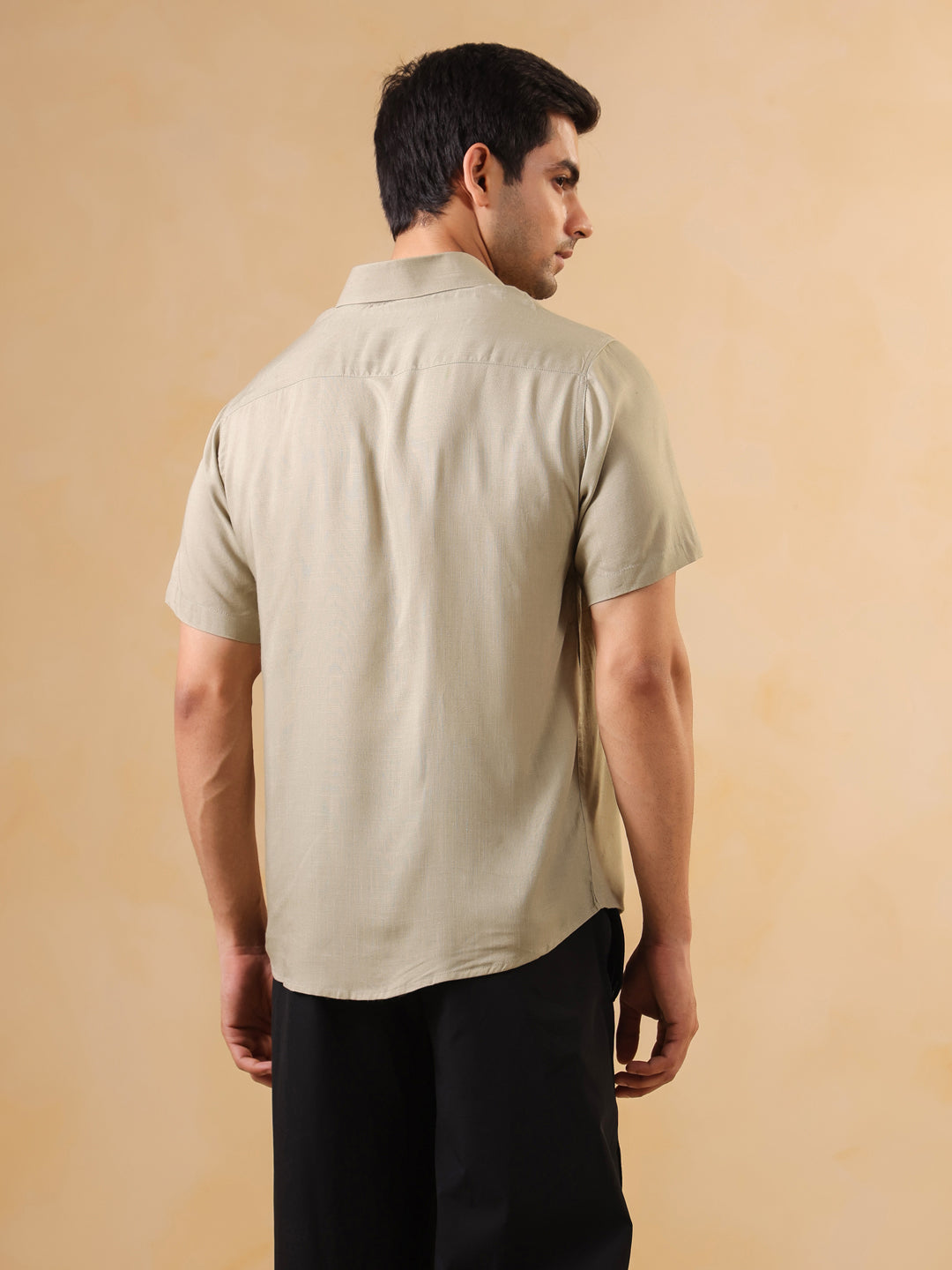 Beige Solid Print Band Collar Regular Fit Men's Shirt