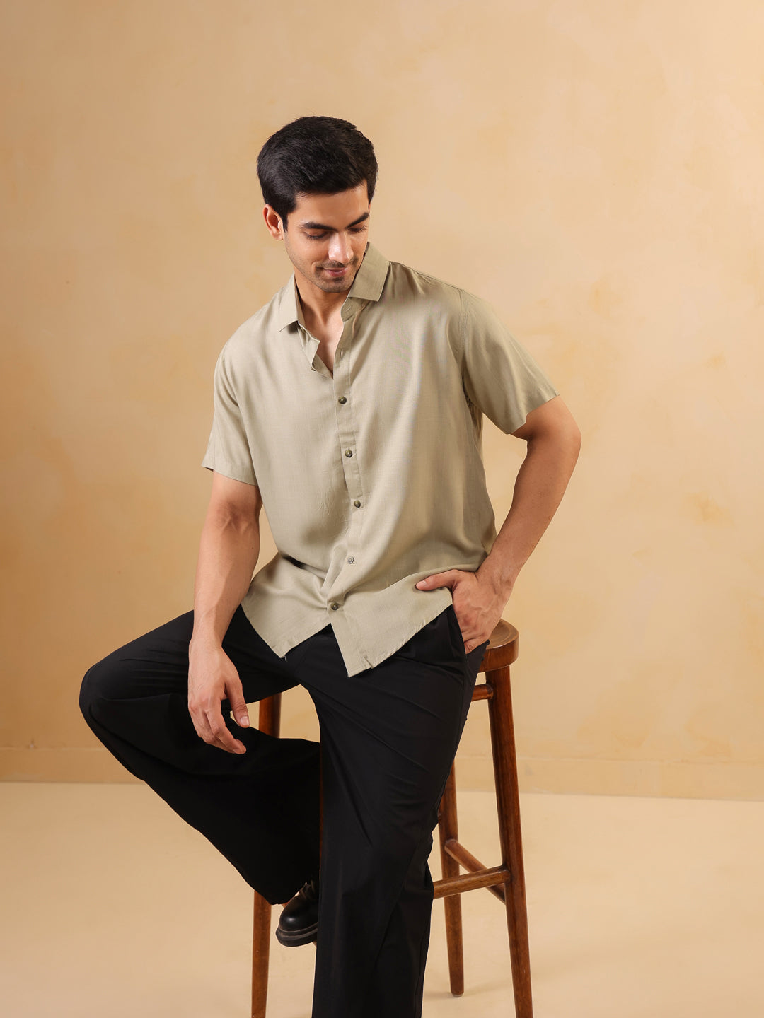 Beige Solid Print Band Collar Regular Fit Men's Shirt