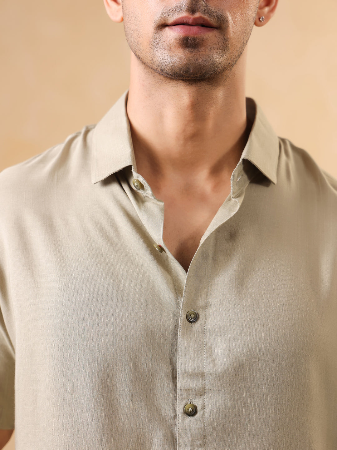 Beige Solid Print Band Collar Regular Fit Men's Shirt