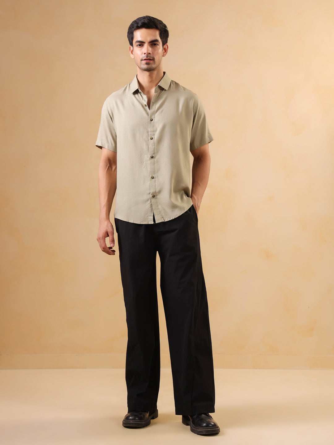 Beige Solid Print Band Collar Regular Fit Men's Shirt