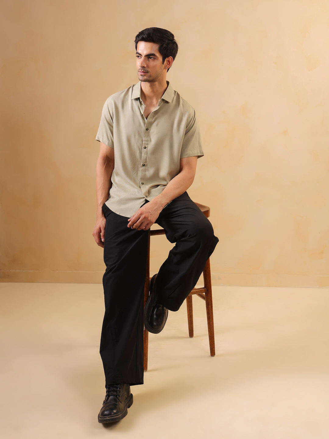 Beige Solid Print Band Collar Regular Fit Men's Shirt