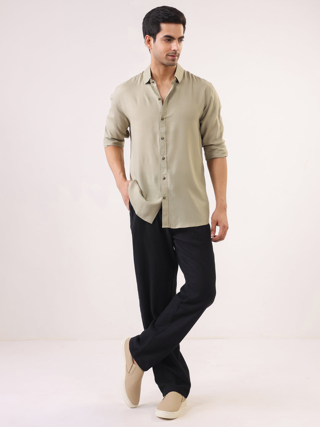Beige Solid Print Band Collar Regular Fit Men's Shirt