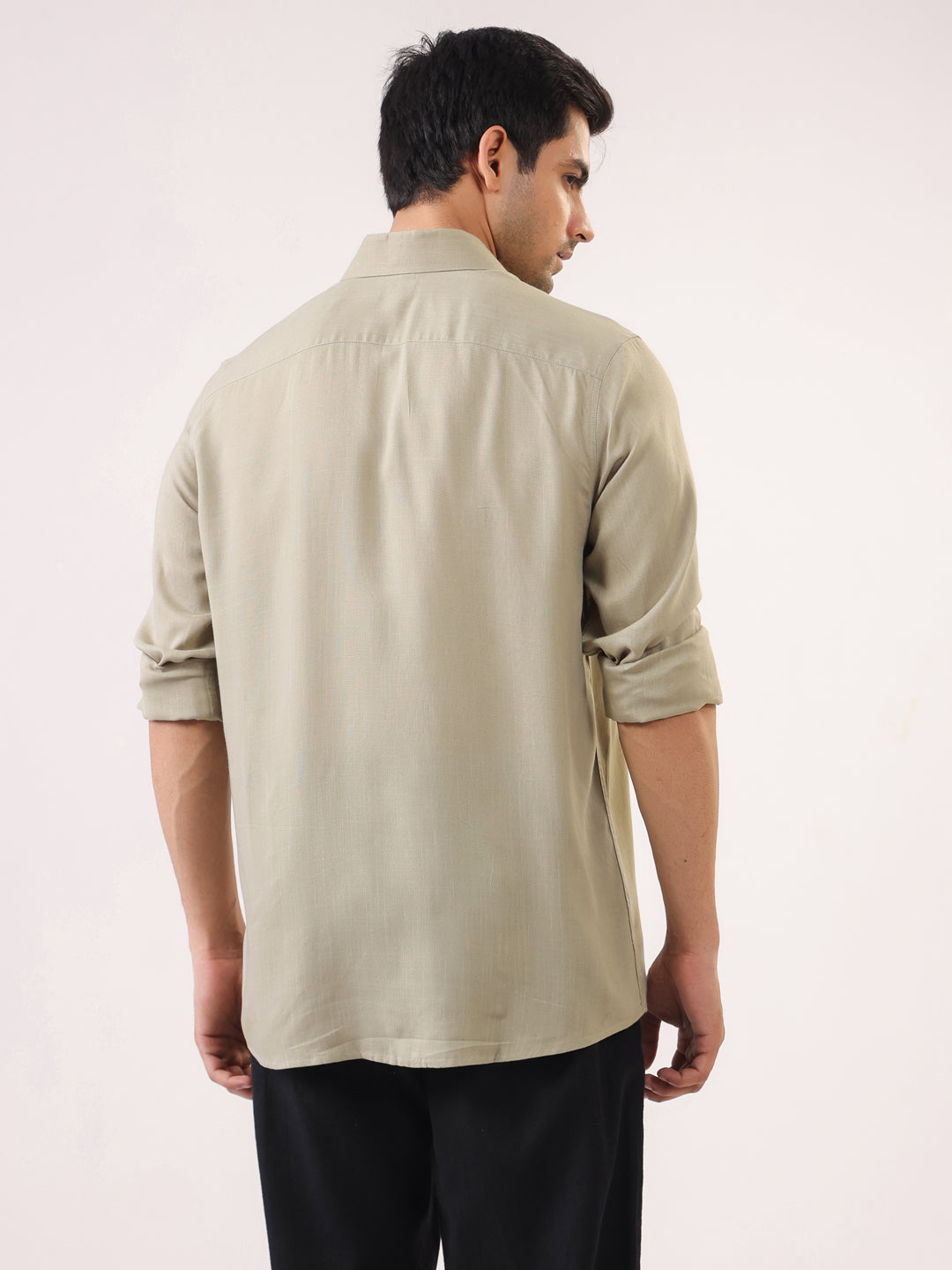 Beige Solid Print Band Collar Regular Fit Men's Shirt