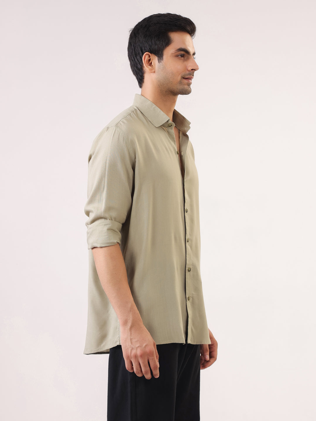 Beige Solid Print Band Collar Regular Fit Men's Shirt