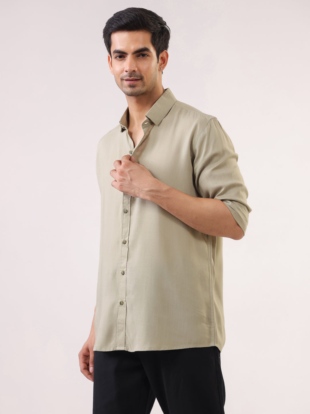 Beige Solid Print Band Collar Regular Fit Men's Shirt