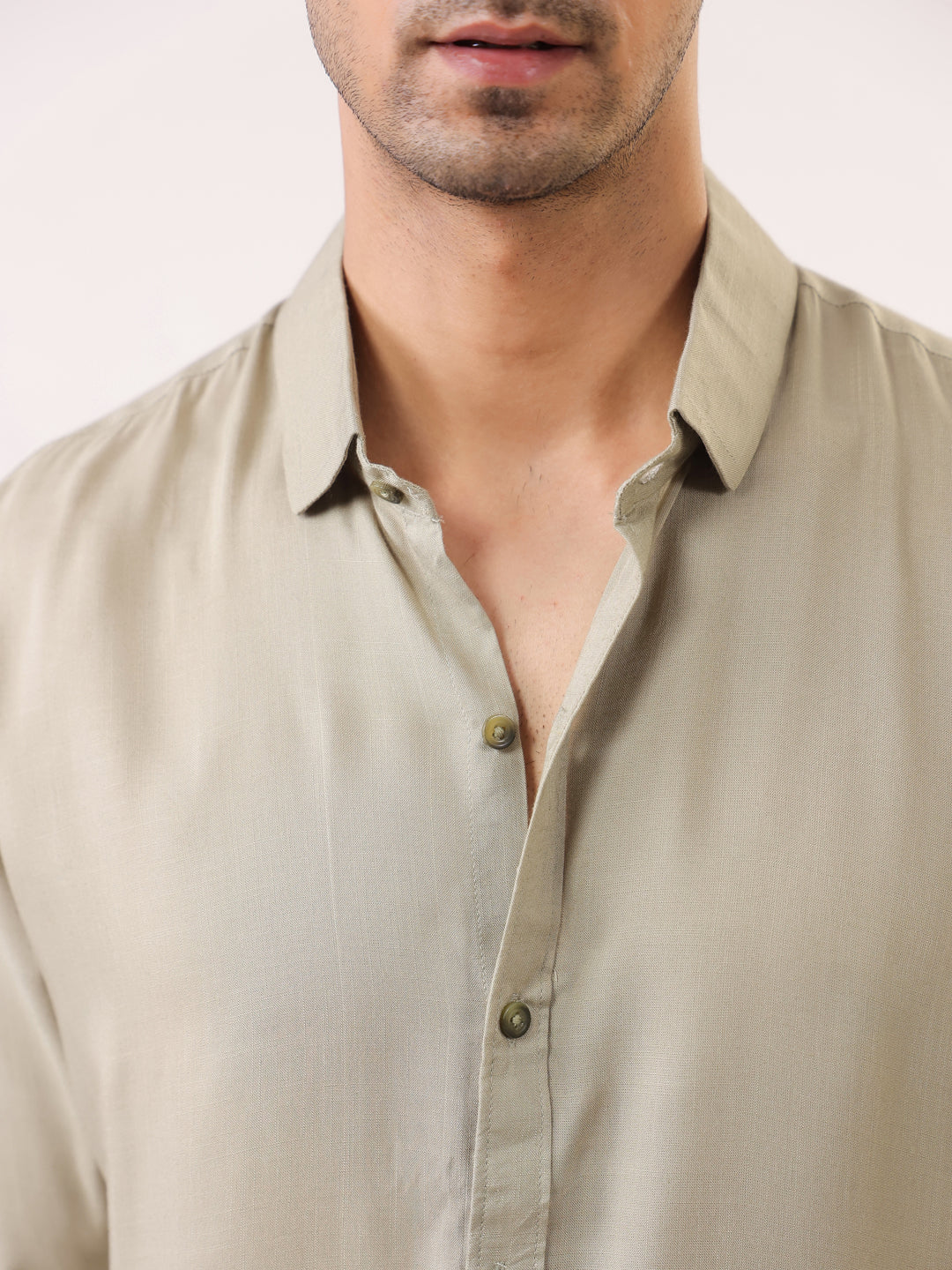 Beige Solid Print Band Collar Regular Fit Men's Shirt