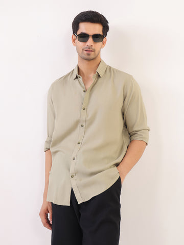 Beige Solid Print Band Collar Regular Fit Men's Shirt