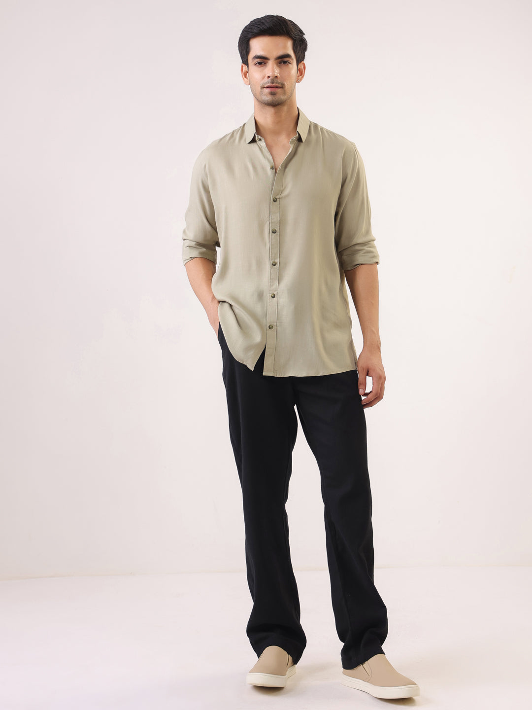 Beige Solid Print Band Collar Regular Fit Men's Shirt