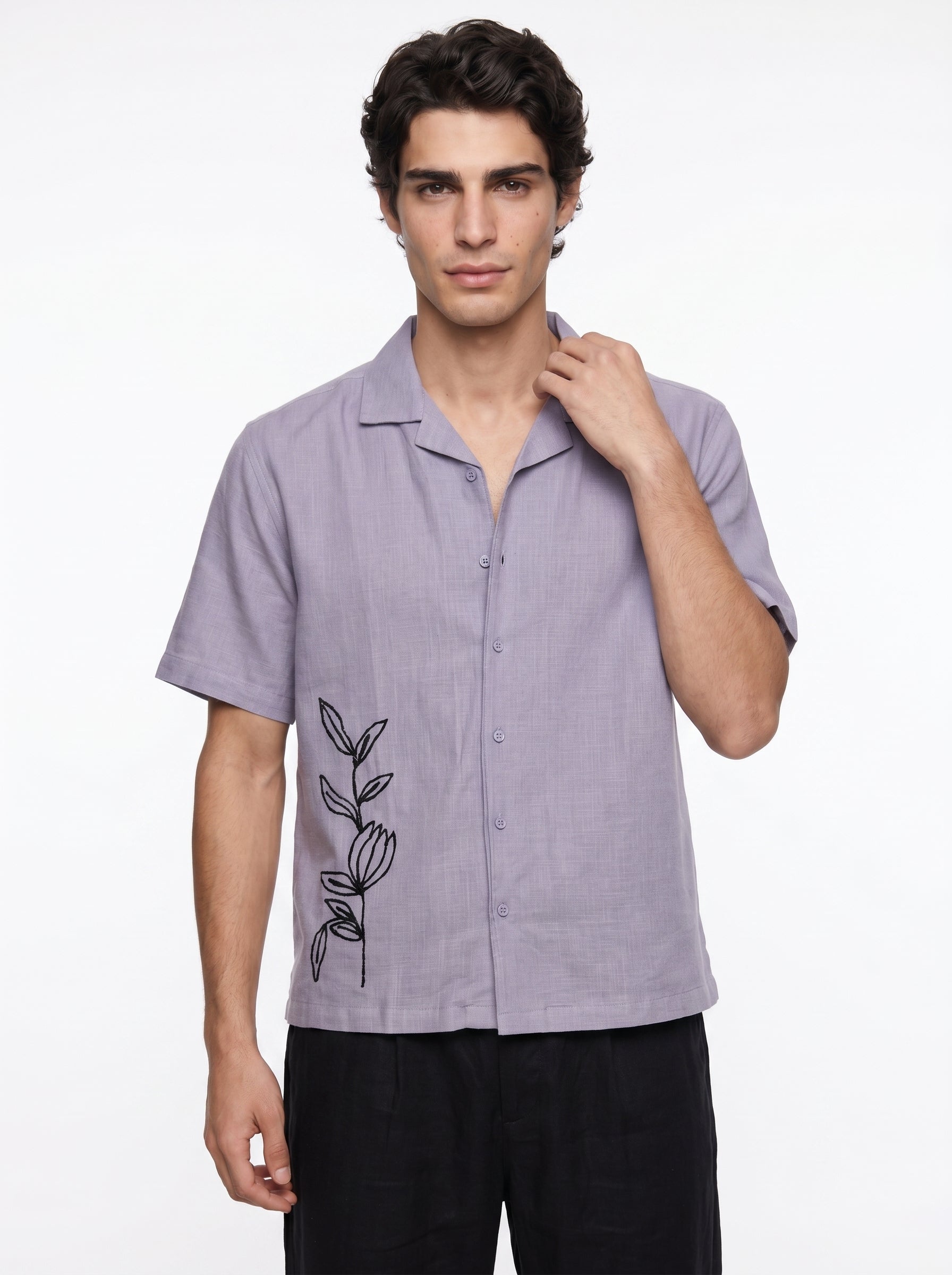 Lavender Cuban Collar Solid Half Sleeve Cotton Men's Shirt