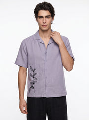 Lavender Embroidred Cuban Collar Half Sleeve Cotton Men's Shirt