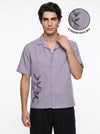 Lavender Embroidred Cuban Collar Half Sleeve Cotton Men's Shirt