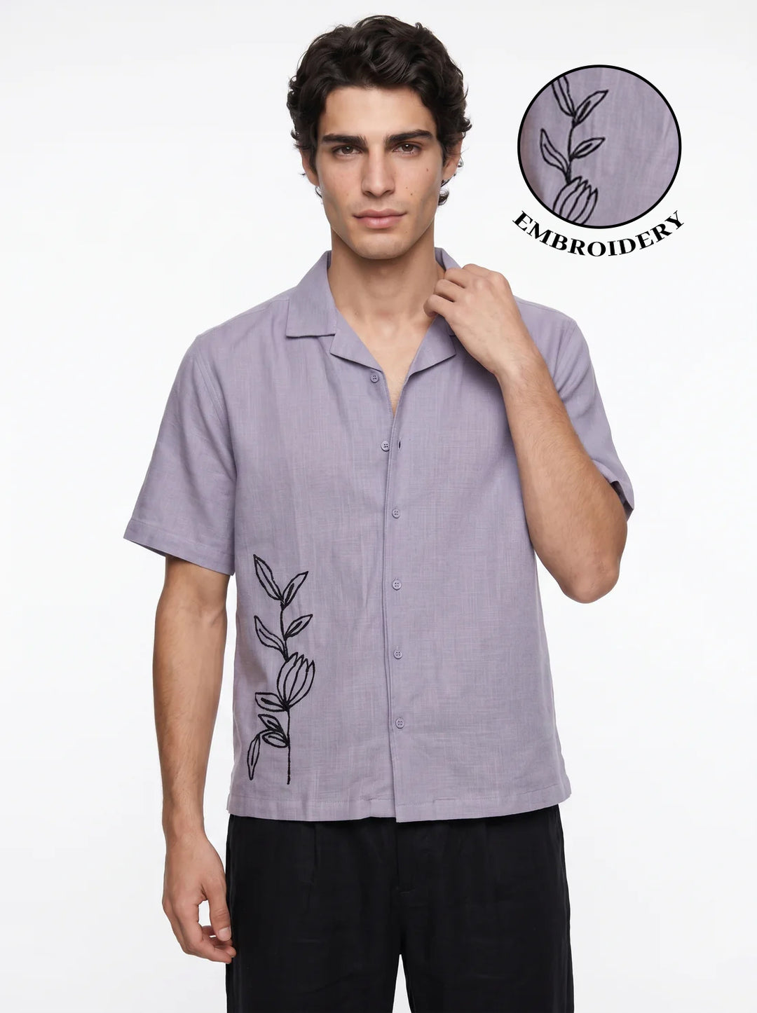 Lavender Embroidred Cuban Collar Half Sleeve Cotton Men's Shirt