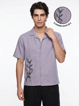 Lavender Embroidred Cuban Collar Half Sleeve Cotton Men's Shirt