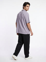 Lavender Embroidred Cuban Collar Half Sleeve Cotton Men's Shirt