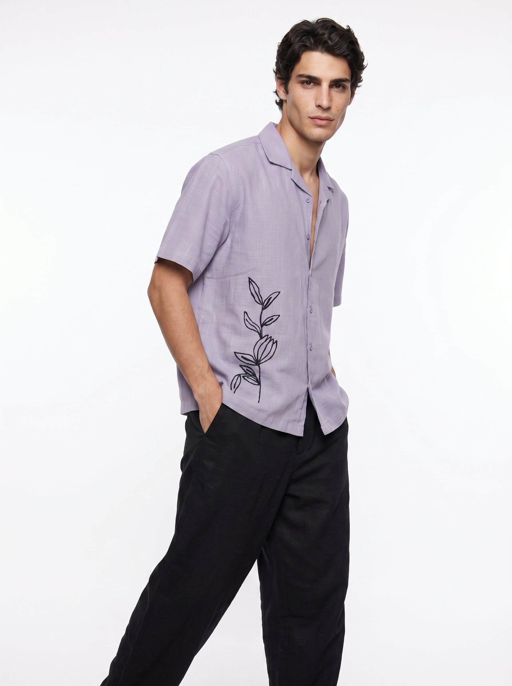 Lavender Cuban Collar Solid Half Sleeve Cotton Men's Shirt