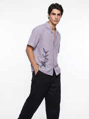 Lavender Embroidred Cuban Collar Half Sleeve Cotton Men's Shirt