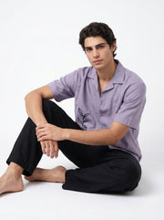 Lavender Embroidred Cuban Collar Half Sleeve Cotton Men's Shirt