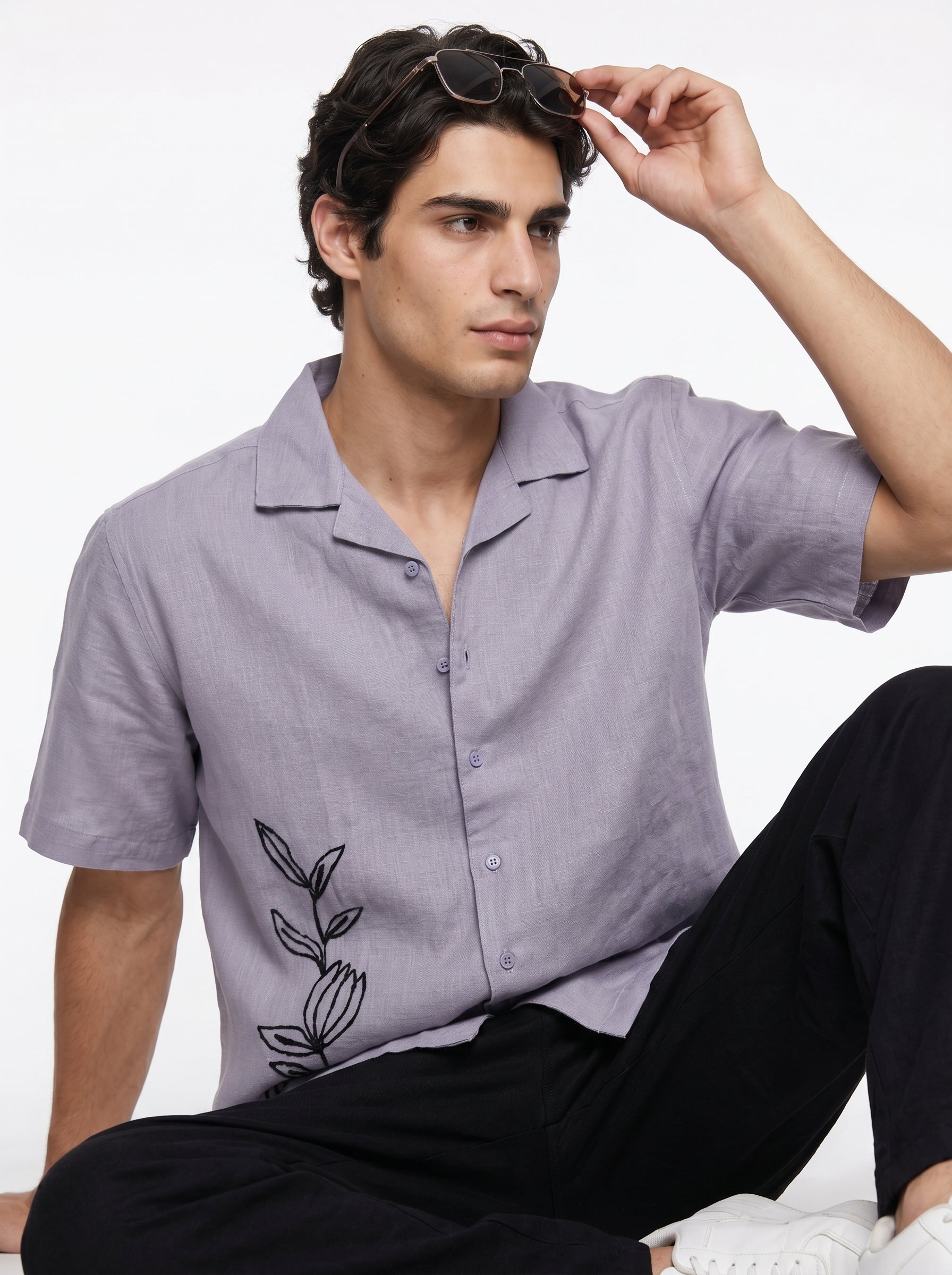 Lavender Cuban Collar Solid Half Sleeve Cotton Men's Shirt