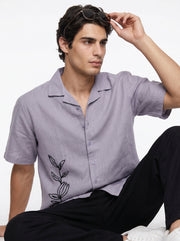 Lavender Embroidred Cuban Collar Half Sleeve Cotton Men's Shirt