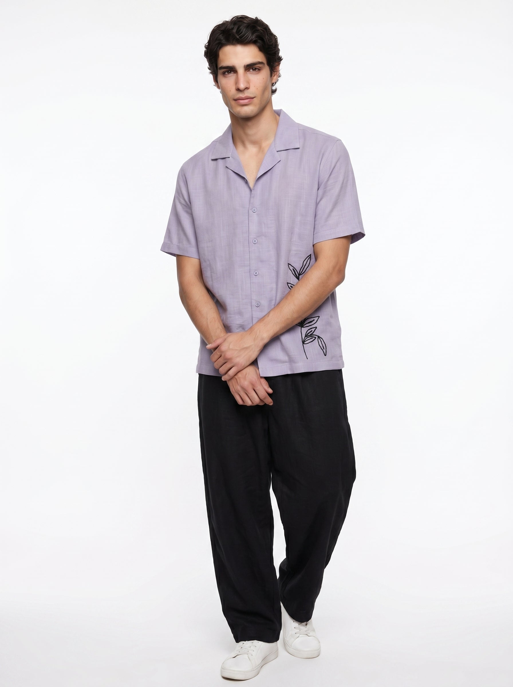 Lavender Cuban Collar Solid Half Sleeve Cotton Men's Shirt