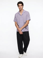 Lavender Embroidred Cuban Collar Half Sleeve Cotton Men's Shirt