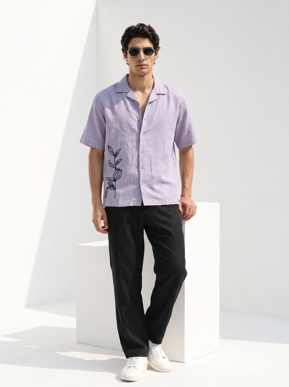 Lavender Cuban Collar Solid Half Sleeve Cotton Men's Shirt