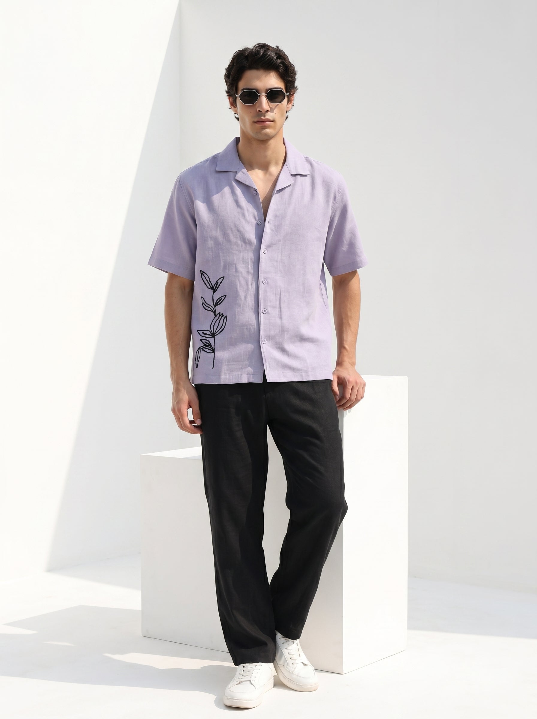 Lavender Cuban Collar Solid Half Sleeve Cotton Men's Shirt