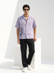 Lavender Embroidred Cuban Collar Half Sleeve Cotton Men's Shirt