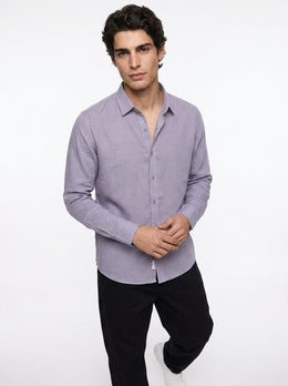 Lavender Solid Band Collar Cotton Men's Shirt
