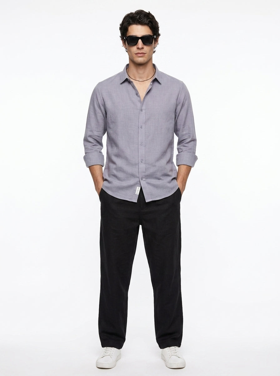 Lavender Band Collar Solid Regular Fit Cotton Men's Shirt