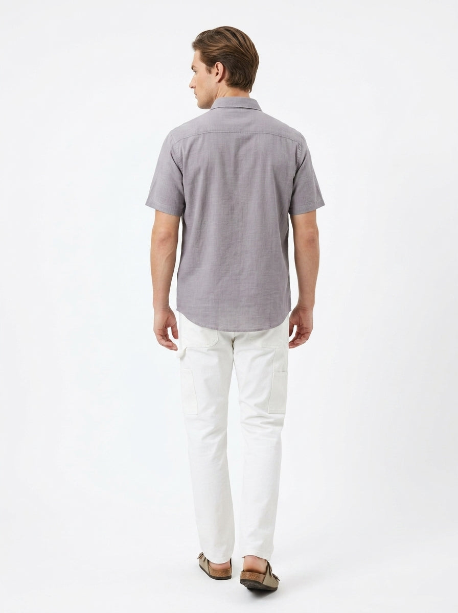 Grey Solid Band Collar Short Sleeve Cotton Men's Shirt