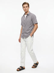 Grey Solid Band Collar Half Sleeve Cotton Men's Shirt