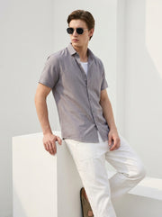 Grey Solid Band Collar Half Sleeve Cotton Men's Shirt