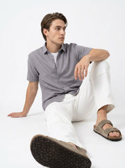 Grey Solid Band Collar Half Sleeve Cotton Men's Shirt