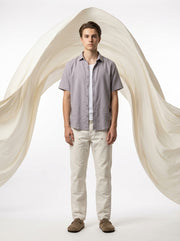 Grey Solid Band Collar Half Sleeve Cotton Men's Shirt