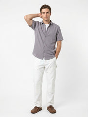 Grey Solid Band Collar Half Sleeve Cotton Men's Shirt