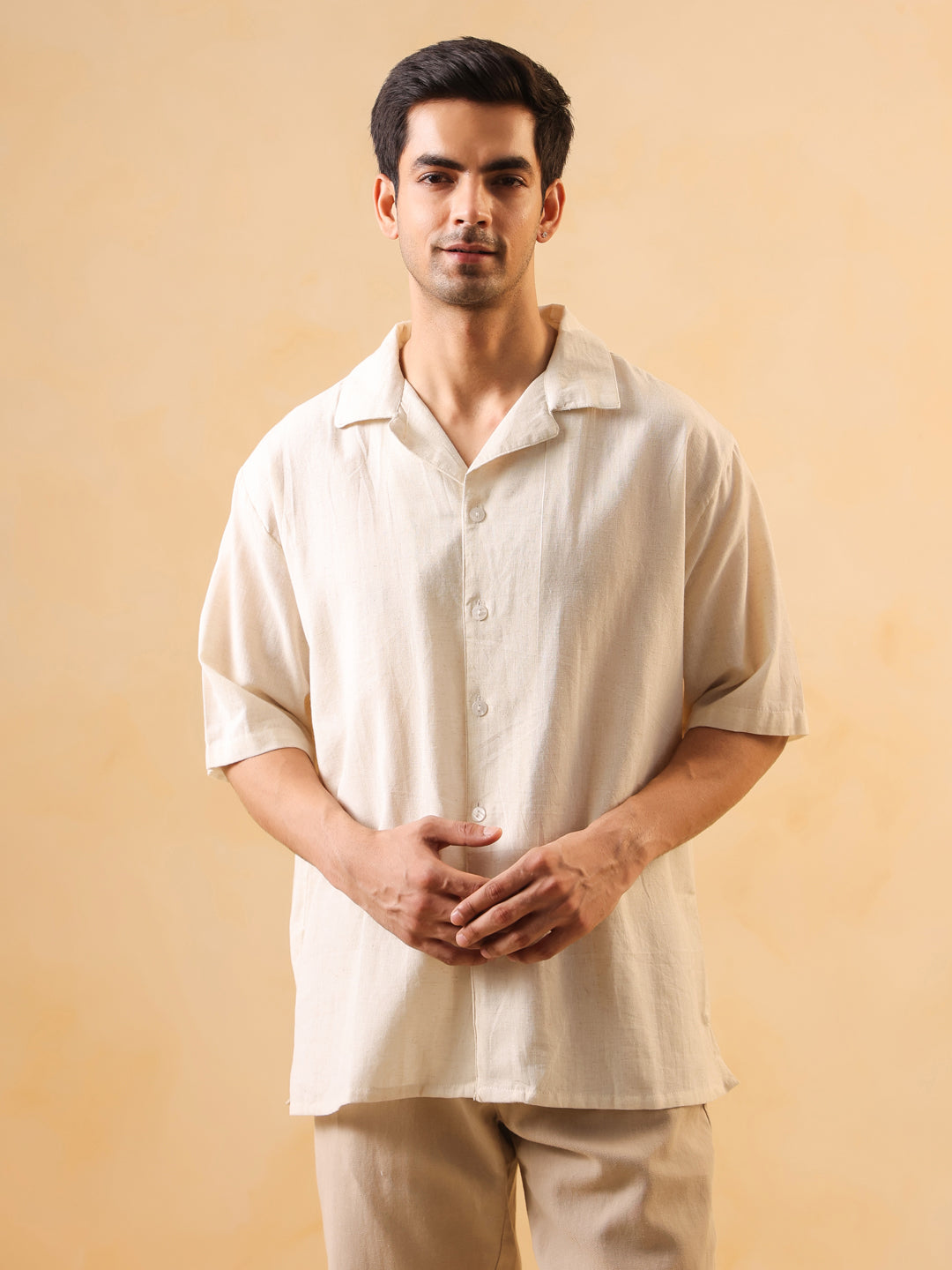 Beige Solid Print Cuban Collar Oversized Cotton Men's Shirt