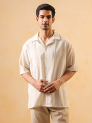 Beige Solid Cotton Cuban Collar Oversized Men's Shirt