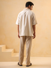 Beige Solid Cotton Cuban Collar Oversized Men's Shirt