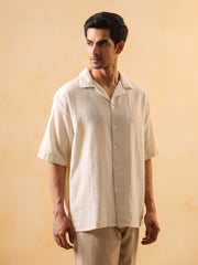 Beige Solid Cotton Cuban Collar Oversized Men's Shirt