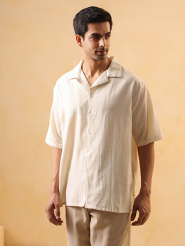 Beige Solid Cotton Cuban Collar Oversized Men's Shirt