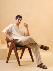 Beige Solid Cotton Cuban Collar Oversized Men's Shirt