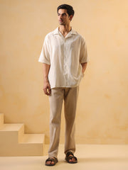 Beige Solid Cotton Cuban Collar Oversized Men's Shirt